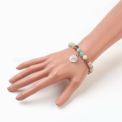 ナチュラルフラワーアマゾナイトビーズチャームブレスレット  合金パーツ  ツリー付きフラットラウンド  2インチ（5.1cm）  ペンダント：20x15x2mm&nbsp;BJEW-JB03726-05