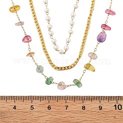 Женские однослойные ожерелья из нержавеющей стали 304 с разноцветной крошкой натурального камня и искусственным жемчугом NJEW-Z061-07G