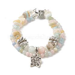 Bracelet multi-rangs en perles de morganite naturelle, Bracelet double couche à breloque papillon pour adolescente femme, argent antique, 7-5/8 pouce (19.5 cm)
