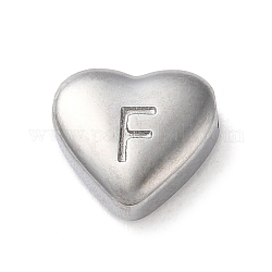 201 perline in acciaio inossidabile, colore acciaio inossidabile, cuore, lettera f, 7x8x3.5mm, Foro: 1.5 mm