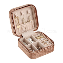 Cajas cuadradas de terciopelo con cremallera para guardar joyas, Estuche organizador de joyas de viaje portátil para anillos., pendientes, collares, almacenamiento de pulseras, camello, 10x10x5 cm
