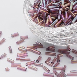 Canutillos de cristal de colores arco iris transparentes, color de ab, púrpura, 6x1.8mm, agujero: 0.6 mm, 1250 unidades / 50 g