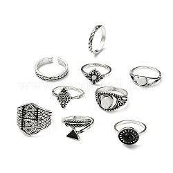 Conjuntos de anillos de dedo de aleación de zinc, para mujeres, rombo y triángulo y flecha y redondo plano y pluma, plata antigua, 1.5~20mm, diámetro interior: 14.7~18.1 mm, 10 PC / sistema
