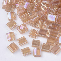 2 trous perles de rocaille de verre, couleurs transparentes arc, rectangle, saumon noir, 5x4.5~5.5x2~2.5mm, Trou: 0.5~0.8mm
