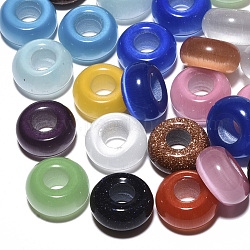 Perles européennes de pierres précieuses et oeil de chat, Perles avec un grand trou   , rondelle, couleur mixte, 14x7mm, Trou: 5~6mm