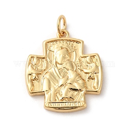Rack Plating Brass Pendants, with Jump Ring, Lead Free & Cadmium Free, Cross with Saint Charm, Real 18K Gold Plated, 21x19x2mm, Hole: 3.5mm