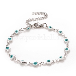 Coeur en émail avec bracelet chaînes à maillons mauvais œil, 304 bijoux en acier inoxydable pour femme, couleur inoxydable, blanc, 6-3/4 pouce (17.1 cm)