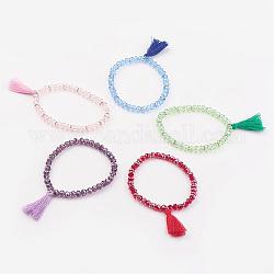 Glass Beads Stretch Charm Bracelets, with Tassels, Mixed Color, 2-1/8 inch(55mm)