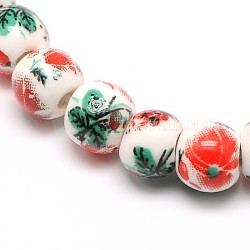 Handmade Flower Printed Porcelain Ceramic Beads Strands, Round, Red, 6mm, Hole: 2mm, about 62pcs/strand, 15.1inch
