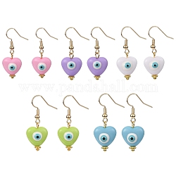 Resin Heart with Evil Eye Dangle Earrings, Golden Brass Jewelry for Women, Mixed Color, 37.5x13.5mm