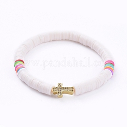 Handmade Polymer Clay Heishi Bead Stretch Bracelets, with Cross Brass Micro Pave Clear Cubic Zirconia Beads, PapayaWhip, 2-1/4 inch(5.7cm)