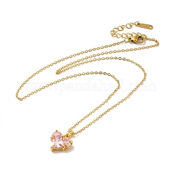 Pink Cubic Zirconia Pendant Necklace, Golden Brass Jewelry for Women, Heart Pattern, Heart: 12x12.5x4.5mm, 16.14 inch(41cm)