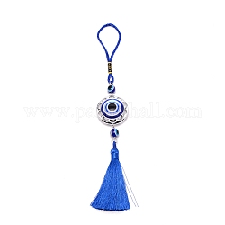 Decorazioni per pendenti in lega e vetro, perline piatte rotonde e rotonde con occhi malvagi, nappe ornamenti appesi, blu royal, 262mm
