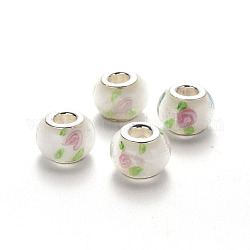 Handmade Lampwork European Beads, Large Hole Rondelle Beads, with Platinum Tone Brass Double Cores, Floral White, 14~15x9~10mm, Hole: 5mm