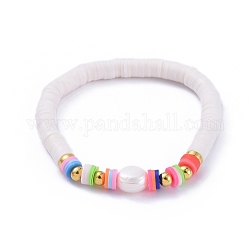 Handmade Polymer Clay Heishi Beads Stretch Bracelets, with Natural Baroque Pearl Keshi Pearl Beads, PapayaWhip, 2-1/8 inch(5.5cm)