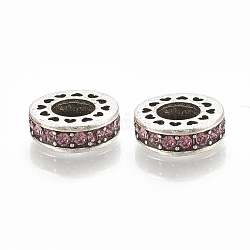Perles européennes en alliage, Perles avec un grand trou   , avec strass, plat rond, argent antique, rose clair, 11x3.5mm, Trou: 5mm
