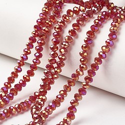 Electroplate Transparent Glass Beads Strands, Full Rainbow Plated, Faceted, Rondelle, Dark Red, 4x3mm, Hole: 0.4mm, about 123~127pcs/strand, 16.5~16.9 inch(42~43cm)