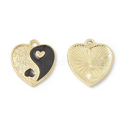 Colgantes de esmalte de aleación, corazón con encanto yin yang, dorado, negro, 17x15x1.6mm, agujero: 1.8 mm