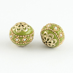 Round Handmade Grade A Rhinestone Indonesia Beads, with Alloy Golden Metal Color Cores, Yellow Green, 20mm, Hole: 1.5mm