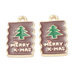 合金エナメルチャーム  クリスマスのために  ライトゴールドメッキ  木の模様を持つ四角形  ココナッツブラウン  21x12x1mm  穴：1mm