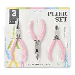 Steel Pliers Set, with Plastic Handles, including Side Cutter Pliers, Round Nose Plier, Needle Nose Wire Cutter Plier, Pearl Pink, 113~126x48~52x6~10mm, 3pcs/set