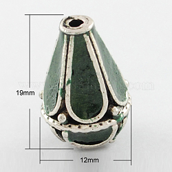 Handmade Indonesia Beads, with Alloy Cores, Teardrop, Antique Silver, Dark Olive Green, 19x12mm, Hole: 2mm