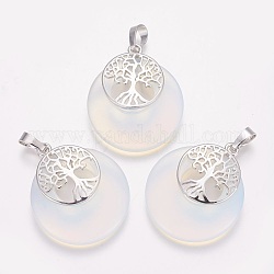 Opalite Pendants, with Platinum Tone Brass Findings, Flat Round with Tree of Life, 32.5~33x27.5~28x5~6mm, Hole: 5x7mm