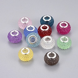 Perles européennes en résine avec strass, avec noyaux en laiton plaqué couleur argent, Perles avec un grand trou   , rondelle, perles baies, couleur mixte, 14x10mm, Trou: 5mm