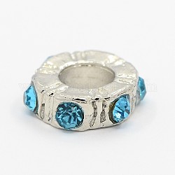 Alloy Grade A Rhinestone Bead Spacers, Large Hole Donut Beads, Platinum Metal Color, Aquamarine, 11x3.5mm, Hole: 5mm