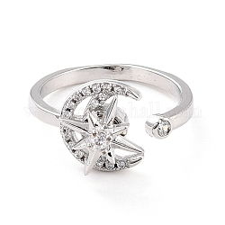 Вращающееся открытое кольцо Moon & Star для женщин, латунные кубические циркониевые кольца-спиннеры, регулируемое кольцо манжеты для снятия стресса, платина, размер США 6 1/2 (16.9 мм)