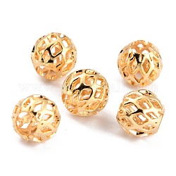 Perles de laiton creuses plaquées de longue durée, perles en filigrane, ronde, véritable 24k plaqué or, 6.5x6mm, Trou: 3mm