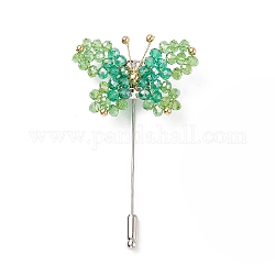 Pin de solapa de mariposa con cuentas trenzadas de vidrio, Broche de alfiler de seguridad de latón para accesorios de ramillete de esmoquin de traje, verde claro, 71mm