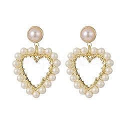 Ohrhänger mit umwickelten Muschelperlen und Perlen, Herz-Ohrring aus Messing-ABS-Kunststoff-Imitationsperlen für Damen, golden, 43 mm, Stift: 0.9 mm