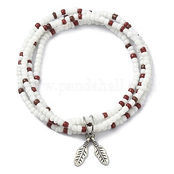 Bracelets de chaîne multi-boucles en perles de rocaille de verre, avec breloques en alliage de style tibétain, blanc, diamètre intérieur: 2 pouce (5.2 cm)