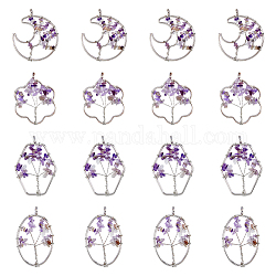 DICOSMETIC 8Pcs 4 Styles Flower & Moon & Oval & Hexagon Natural Amethyst Copper Wire Wrapped Chip Big Pendants, Tree of Life Charm, with Platinum Tone Iron Findings, 57~59x36~51x8mm, Hole: 6.2mm, 2pcs/style