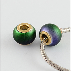 Spray Painted Matte Glass European Beads, with Golden Brass Core, Large Hole Beads, Rondelle, Teal, 14~15x11mm, Hole: 4.5~5mm