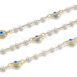 3.28 Fuß handgefertigte Messingketten, mit Acryl Nachahmung Perlen, Murano, langlebig plattiert, gelötet, bösen Blick, golden, weiß, Link: 2.6x1.8x0.3 mm