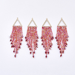 Tassel Big Pendants, with Glass Beads, Crystal Rhinestone and Golden Plated Brass Findings, FireBrick, 95~107x23.5mm, Hole: 1.2mm