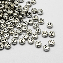 Perles de lettre à trou horizontal en acrylique plaqué, plat rond, lettres mixtes aléatoires, 7x4mm, Trou: 1.3mm, environ 360 pcs/50 g