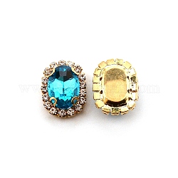 Sew on Rhinestone, Glass Rhinestone, with Light Gold Plated Brass Settings, Garment Accessories, Faceted, Oval, Blue Zircon, 18.5x14x6mm, Hole: 1mm