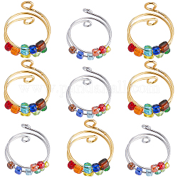 SUNNYCLUE 10Pcs 2 Colors Colorful Resin Rotating Beaded Cuff Ring, 304 Stainless Steel Wire Wrap Knitting Loop Crochet Loop, Yarn Guide Finger Holder, Platinum & Golden, Inner Diameter: US Size 8 3/4(18.7mm), 5Pcs/color