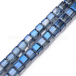 Electroplate transparentes abalorios de vidrio hebras, facetados, cubo, azul, 7x7x7mm, agujero: 1.4 mm, aproximamente 100 pcs / cadena, 26.77 pulgada (68 cm)