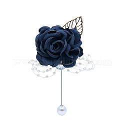 Silk Cloth Imitation Rose Corsage Boutonniere, with Plastic Beads, for Men or Bridegroom, Groomsmen, Wedding, Party Decorations, Prussian Blue, 120x70mm