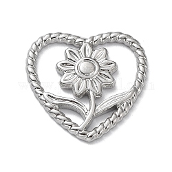 304 Stainless Steel Cabochons, Heart with Flower, Stainless Steel Color, 21x21x2mm