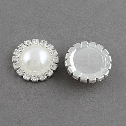 Cabochons brillants de demi-rond en laiton en plastique ABS avec perle d'imitation nacre, avec cristal strass grade A, couleur argentée couleur métal plaqué, blanc, 18x6.5mm