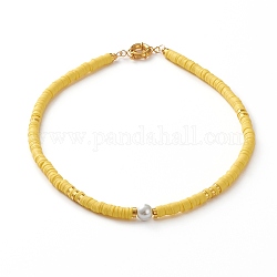 Colliers de perles heishi en argile polymère, avec perles rondes perles de verre, perles d'espacement en laiton et fermoirs à ressort, jaune, 17-7/8 pouce (45.5 cm)