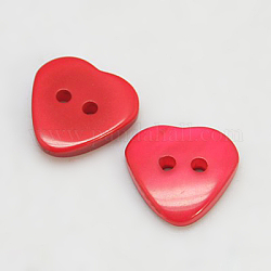 Bottoni di resina, tinto, cuore, rosso, 15x15x3mm, Foro: 2 mm