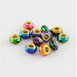 Spray Painted Glass European Beads, with Golden Brass Core, Large Hole Beads, Faceted, Rondelle, Mixed Color, 14x8.5~9mm, Hole: 5mm