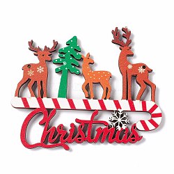 Christmas Decoration Wooden Door Plate, Wood Big Pendants for Door Hanging, Word Christmas with Reindeers/Stags & Tree, Colorful, 76.5x100x3.5mm, Hole: 2mm