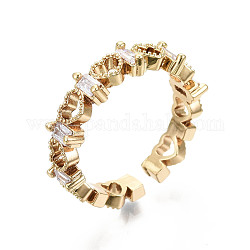 Latón micro pave anillos de brazalete de circonio cúbico, anillos abiertos, sin níquel, corazón, real 16k chapado en oro, diámetro interior: 17 mm